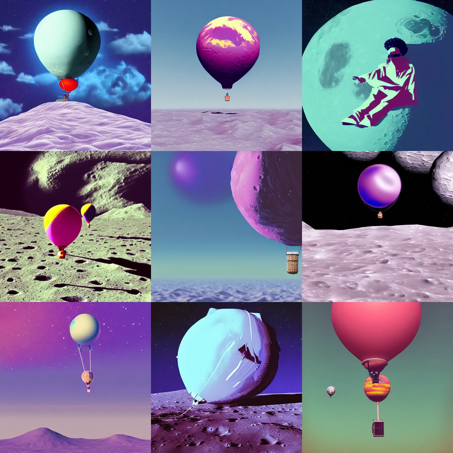 Prompt: baloon on the moon, vaporwave, dreamlike