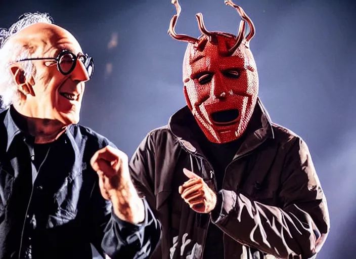 Image similar to publicity photo still of larry david wearing a slipknot mask touring with slipknot live on stage, 8 k, live concert lighting, mid shot