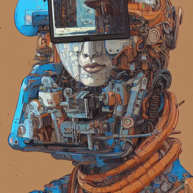 Prompt: robot artist painting a self - portrait on a canvas. intricate, highly detailed, digital matte painting, in the style of alexandros pyromallis, and in the style of sachin teng, and in the style of hans thoma, and in the style of simon bisley. irony, recursion, inspiration.