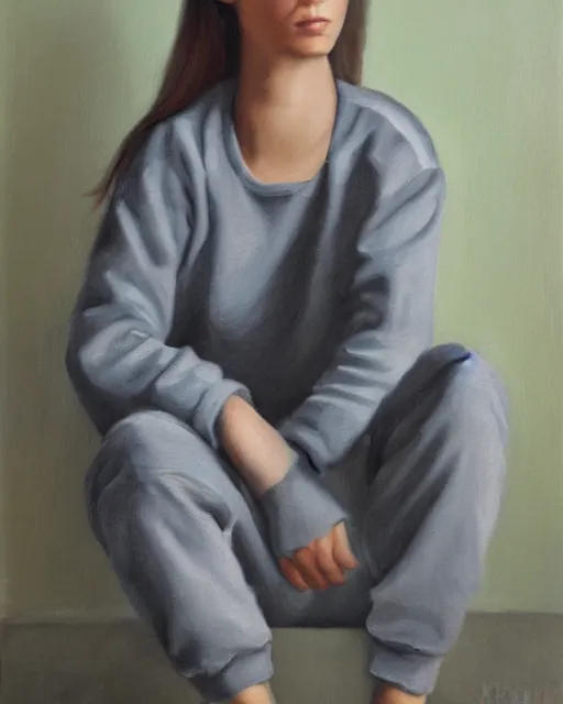 Prompt: an oil painting portrait of a poised woman wearing grey sweatpants and a sweatshirt