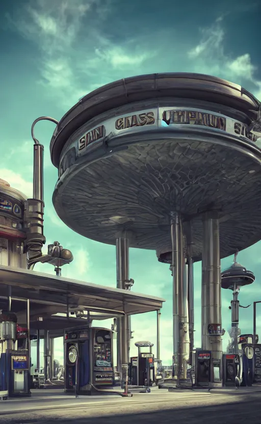 Prompt: steampunk gas station in space, 4 k, polished, photorealistic, hard edges, zoomed in, very coherent, sharp focus, rim light, exquisite lighting, blue gradient, hard edges, sci - fi, cinematic, octane render