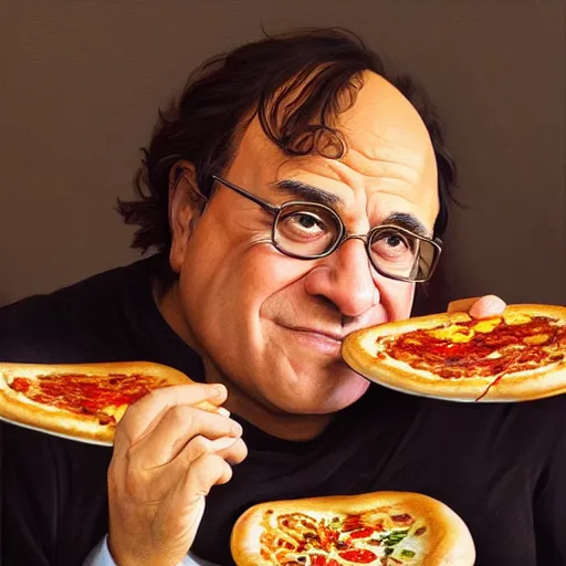 Image similar to portrait of danny devito eating pizza, highly detailed, digital painting, artstation, concept art, sharp focus, illustration, art by artgerm and greg rutkowski and alphonse mucha