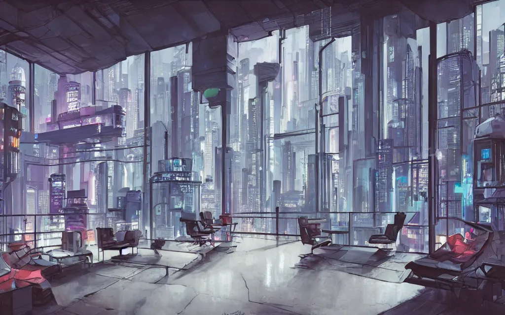 Prompt: cyberpunk loft lounge with tall windows without people with city in background, drawn by feng zhu