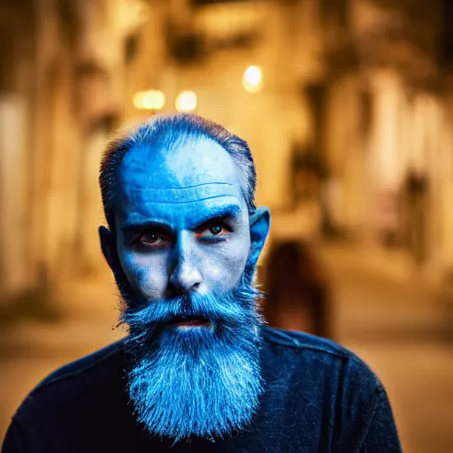 Prompt: man with blue beard, mysterious, dimly lit, dslr photography