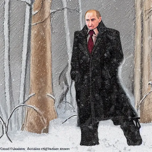 Image similar to caricature of Vladimir Putin alone and depressed in the snow, detailed,