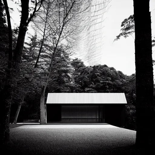 Prompt: modern house in the wood, artwork by tadao ando, mystic, melancholy, pinhole analogue photo quality, lomography, monochrome, blur, unfocus, cinematic, foil effect, holographic effect