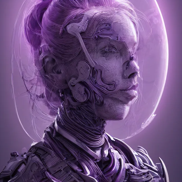 Image similar to facial portrait of a woman in powerful purple sci - fi armor with a black ponytail, elegant, stoic, intense, ultrafine hyperdetailed illustration by kim jung gi, irakli nadar, intricate linework, sharp focus, bright colors, octopath traveler, final fantasy, unreal engine 5 highly rendered, global illumination, radiant light, detailed, intricate environment