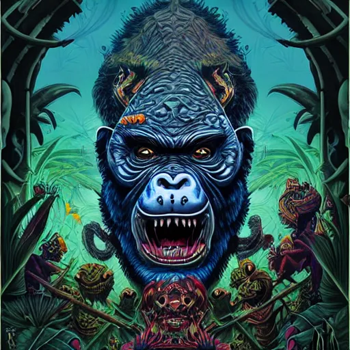 Image similar to barong family member, wiwek, mara demon, one single tribe member, jungle, one single mask, dark, ancient warrior, gorilla, lizard, tribal, inner glow, art by dan mumford and justin gerard