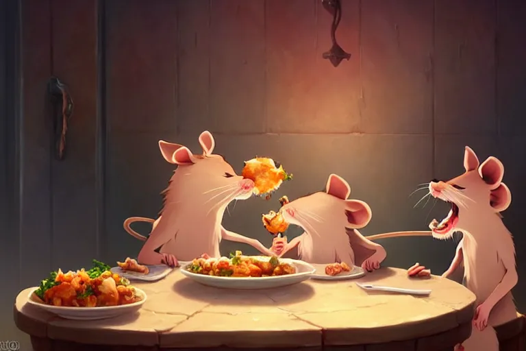 Image similar to anthropomorphic rats eating a delicious dinner, key visual, a fantasy digital painting by makoto shinkai and james gurney, trending on artstation, highly detailed