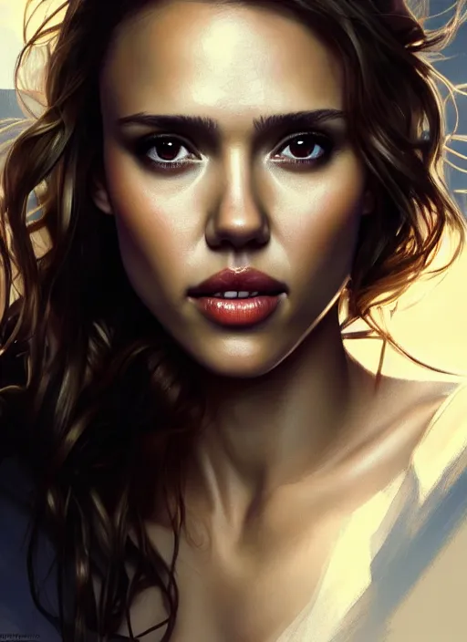 Prompt: half Jessica Alba half Nathalie Portman half scarlett johansonna pure seductive angel, full body portrait, slight smile, diffuse natural sun lights, autumn lights, highly detailed, digital painting, artstation, concept art, sharp focus, illustration, art by wlop and greg rutkowski and alphonse mucha and artgerm