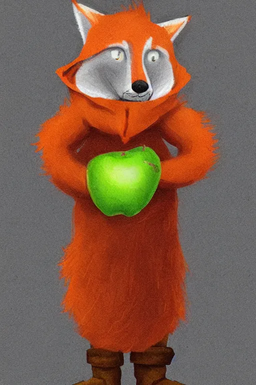 Prompt: small ginger Fox dressed like a hooded rogue, holding an apple, digital art, trending on artstation, stacy boisvert