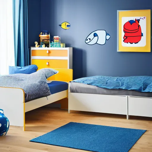 Prompt: An IKEA catalogue photo of a childrens bedroom , underwater with a vampire squid