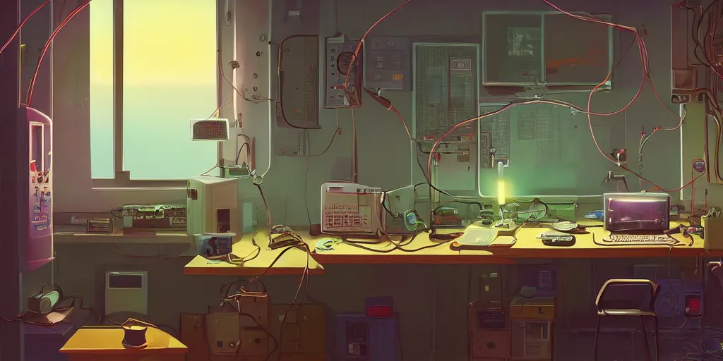 Image similar to cozy 9 0 s bedroom retrofuturism, cluttered, wires everywhere, computer, window, night - time, lit only by the luminescent computer screen, detailed by simon stalenhag