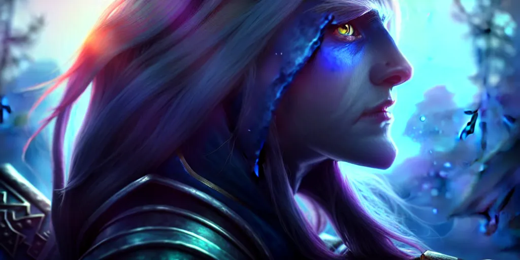 Image similar to ( ( ( ( ( hyperrealist distant portrait of sylvanas windrunner on a blue planet where it rains colors. ) ) ) ) ) by bayard wu, fantasy, photorealistic, octane render, unreal engine, dynamic lighting, trending on artstation, poster, volumetric lighting, very detailed faces, 4 k, award winning