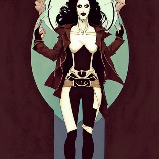 Prompt: Rafael Albuquerque comic art, art nouveau, Peter Mohrbacher, Joshua Middleton, pretty female Eva Green vampire, sharp vampire teeth, sarcastic smile, symmetrical eyes, symmetrical face, brown leather jacket, jeans, long black hair, full body:: building on fire:: hate and anger:: cool colors