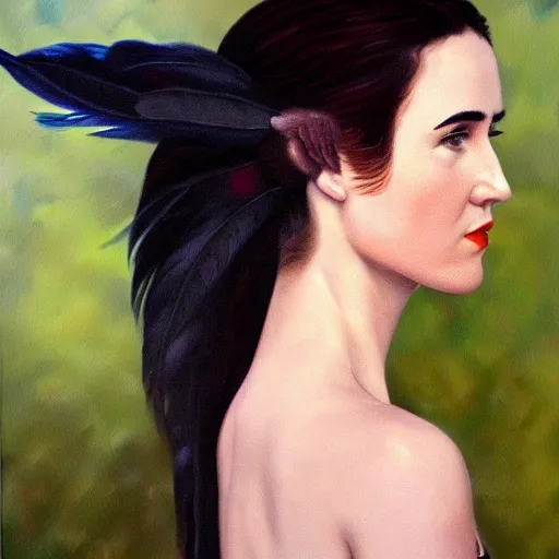 Image similar to detailed realistic oil painting youthful young jennifer connelly with black feathers instead of hair, dark fae, black lips, feathers growing out of skin, feathers growing from arms, black hands with long black claws, pale and sickly, profile view, gothic