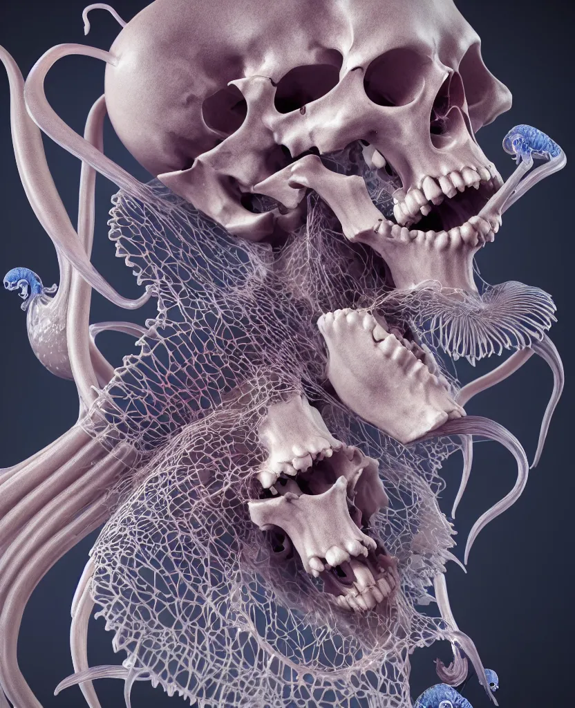 Image similar to symmetry!! goddess close - up portrait human skeleton, ram skull, squid phoenix jellyfish, orchid, betta fish, bioluminiscent, intricate artwork by tooth wu and wlop and beeple. octane render, trending on artstation, greg rutkowski very coherent symmetrical artwork. cinematic, hyper realism, high detail, octane render, 8 k