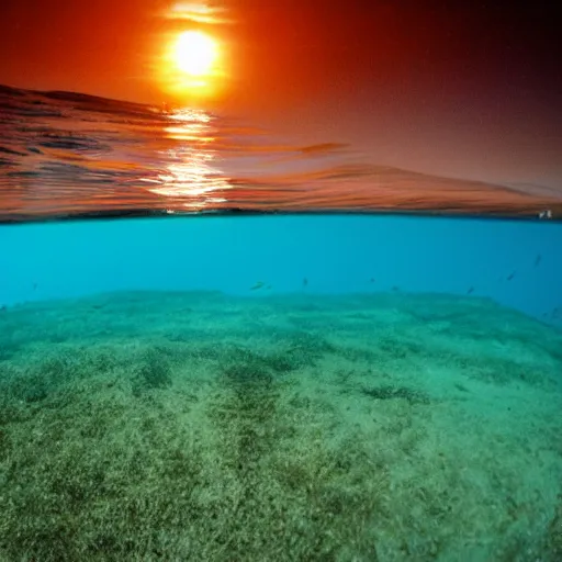 Prompt: the sunrise as viewed from the bottom of the ocean, under water