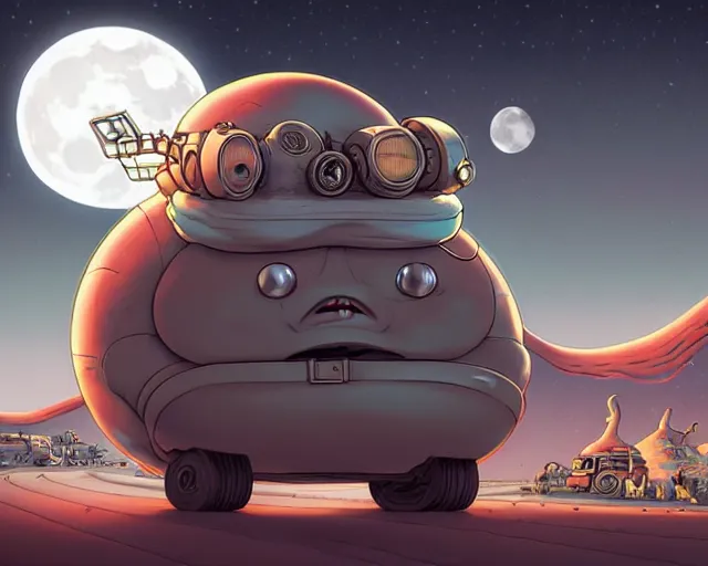 Image similar to a cell shaded cartoon grey lovecraftian mechanized santa, rotund shape, on a desert road, wide shot, in front of a big moon, muted colors, post grunge, josan gonzales, wlop, by james jean, victor ngai, hq, deviantart, art by artgem