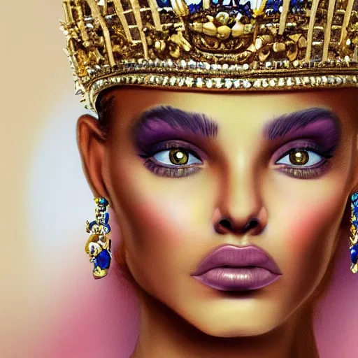 Prompt: a beautiful queen with a unibrow, digital art, highly detailed, golden furniture and jewelry