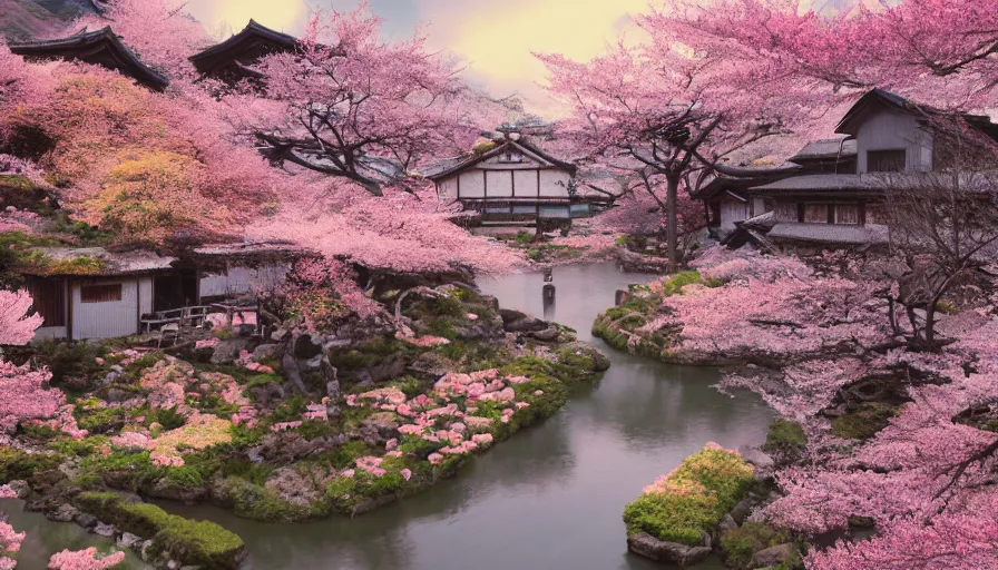 Prompt: japanese village with river, cherry blossoms, rustic houses, manga, hyperdetailed, artstation, cgsociety, 8 k