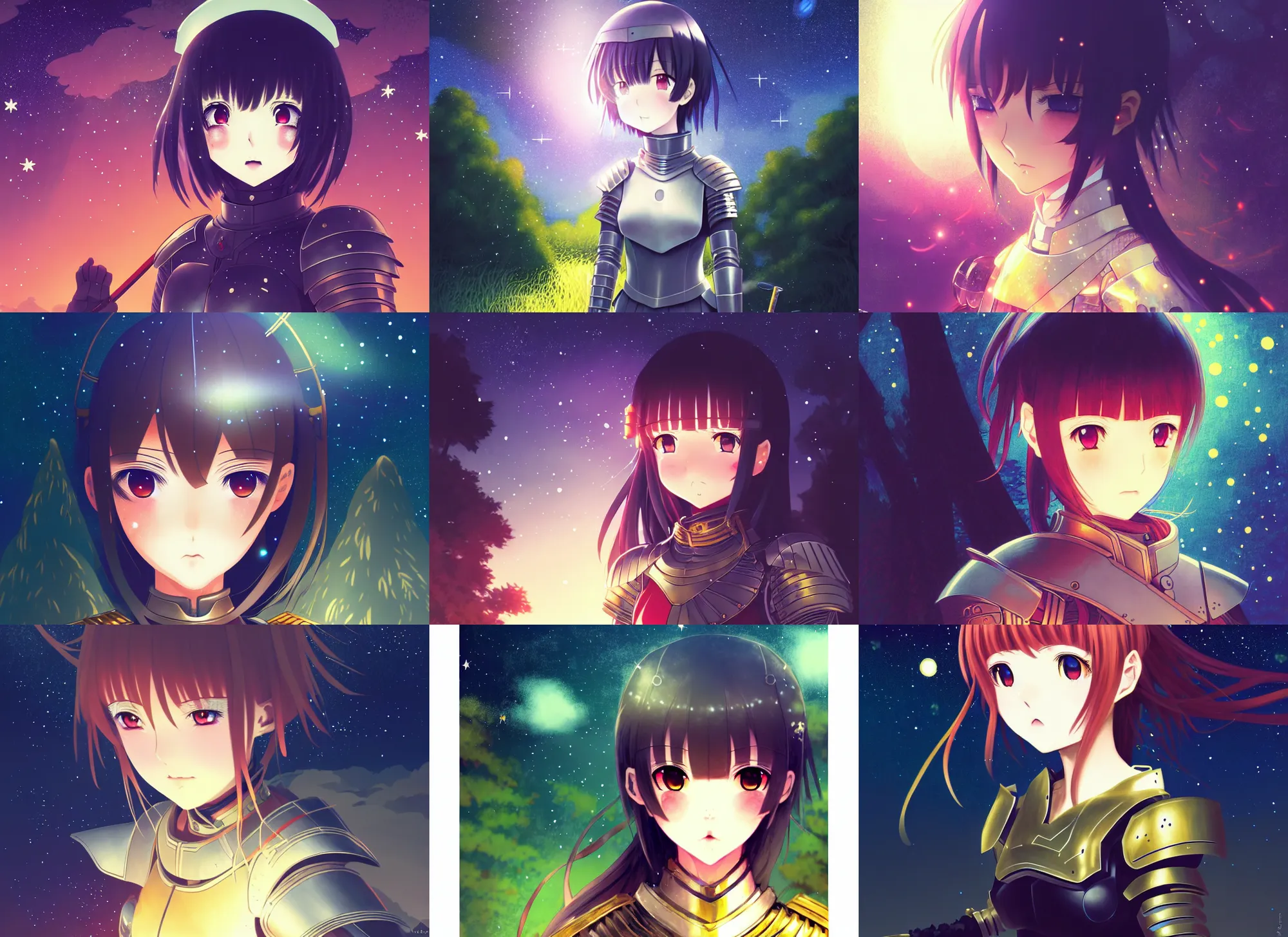 Prompt: anime visual, young female knight in armor in a forest at night, night sky, nebula, very dark, cute face by ilya kuvshinov, yoh yoshinari, kyoani, dynamic pose, dynamic perspective, rounded eyes, smooth facial features, dramatic lighting, gustav klimt, flat