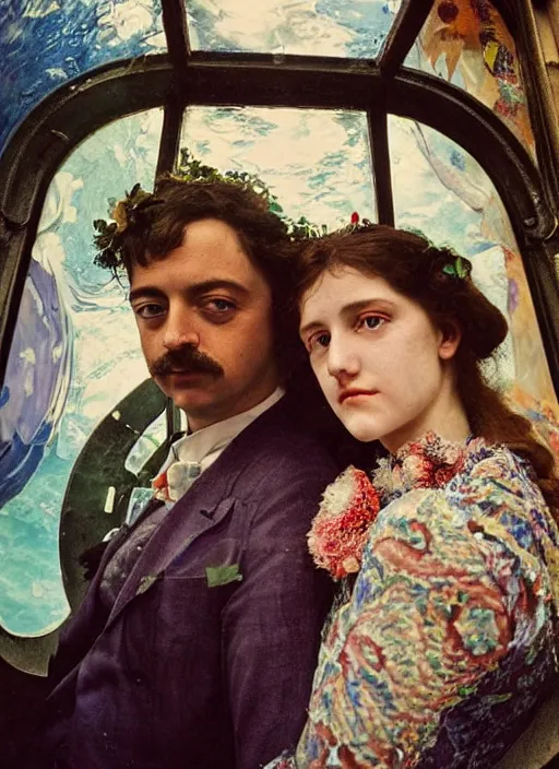 Image similar to detailed colourful masterpiece of art nouveau photography by anne leibovitz couple portrait sat down extreme closeup, love, inside an underwater train, detailed realistic expressions, wearing unusual clothes, by william powell frith frederic leighton and john william waterhouse, ultra wide angle