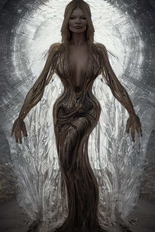 Image similar to a realistic moody portrait photo of a beautiful ancient alien woman goddess kate moss standing in iris van herpen dress jewelery and fractals in style of alphonse mucha art nuvo dmt trending on artstation made in unreal engine 4