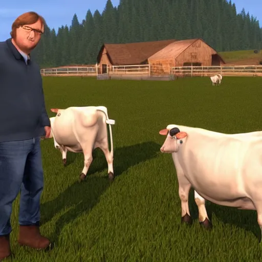 Prompt: Gabe Newell is milking the cows on his farm with Bill Gates