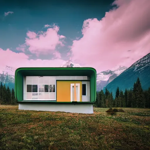 Image similar to wes anderson style modern futuristic house near the lake, snowy mountains and green forest, cinematic, realism, photo, detailed