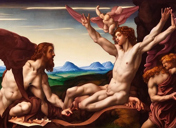 Image similar to Evelyn De Morgan, michelangelo's The Creation of Adam masterpiece, highly detailed, beautiful, epic lighting, wide angle, trending on ArtStation, ultra realistic