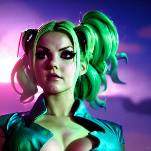 Image similar to cinematic scene with elisha cuthbert as jolyne from jojo's bizarre adventure, live action film, stone ocean, dramatic, small details, volumetric lighting, still frame