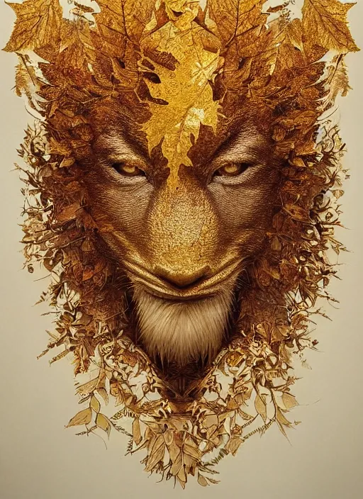 Image similar to golden leaves at frame border, creative!!! composition for a book cover, absurdly beautiful, ultrafine hyperrealistic detailed animal face by wlop and artgerm and greg rutkowski, intricate linework, sharp focus, smooth, octopath traveler, final fantasy, unreal engine, dramatic lighting, ethereal, 8 k