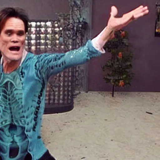 Prompt: jim carrey dancing with a skeleton