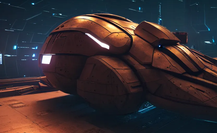 Image similar to an armored futuristic sci fi vehicle, unreal engine, cinematic lighting, texture rust, texture electronic circuit, texture city at night, spaceship