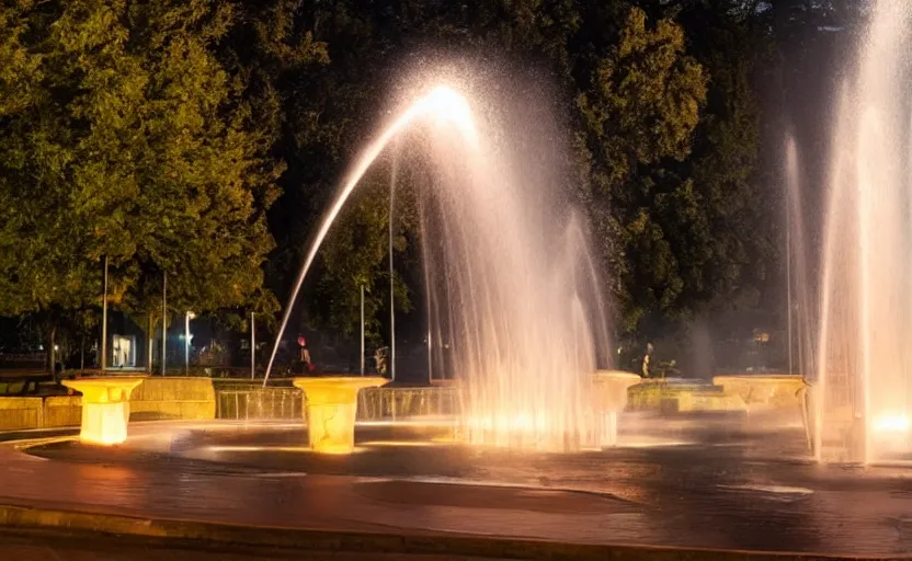 Image similar to a beautiful photo of a roundabout with a fountain shooting fire instead of water, sunset lighting, intricate detail, photorealistic