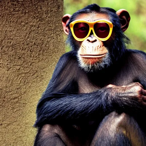 Prompt: high quality 8 k landscape movie still of a smiling and arrogantly wise looking chimpanzee wearing cool dark sunglasses looking down, highly detailed, cinematic composition, cinematic lighting, 1 9 8 0 s retro hippie vintage hipster art