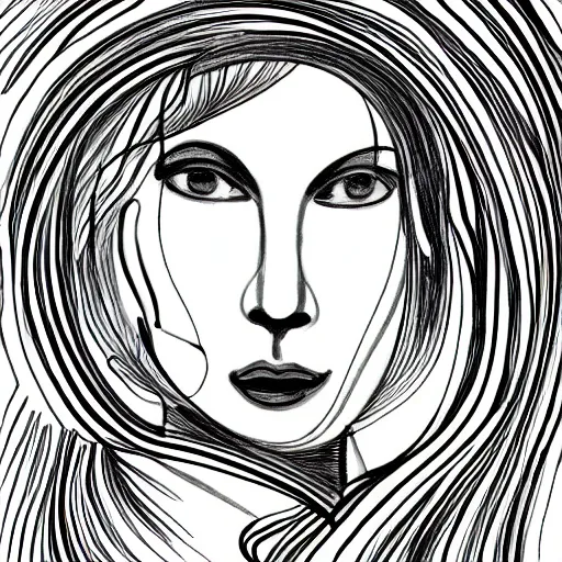 Image similar to continuous single line spiral - drawing of mary louise brooks, pen on white paper