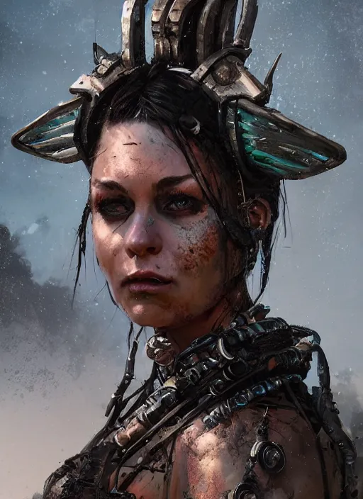 Image similar to hyper realistic photography portrait of postapocalyptic cyberpunk pagan medieval tribal festival warrior curvy partygirl valkyr face cinematic, vallejo, craig mullins greg rutkowski, artstation, cgsociety