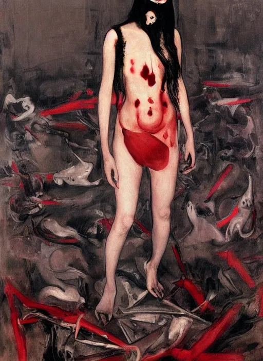 Image similar to a gorgeous asian college girl standing on the knees, frozen cold stare, blood red background, transparent gray skirts, stockings, crows swarming trapped in the void as a symbol of death, in style of surrealism of Francis Bacon painting, Ilya Kuvshinov, John Singer Sargant, Chaim Soutine and Frank Auerbach, American Gothic, 8k, ultradetailed