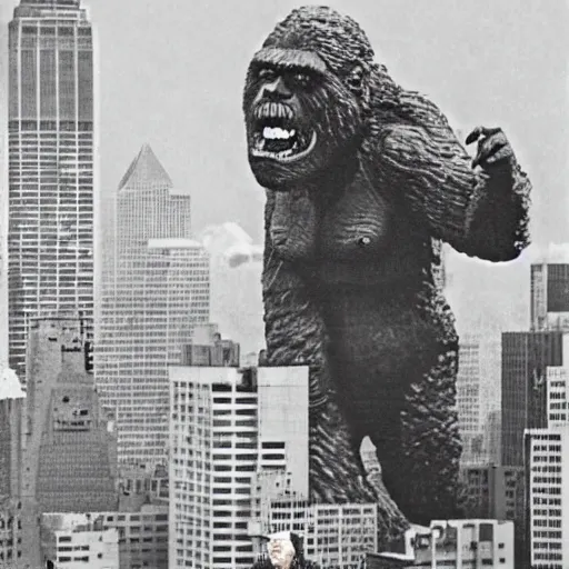 Prompt: george w bush as king kong fighting osama bin ladin as godzilla, george bush is fighting osama bin laden, in front of the world trade centers, with two airplanes in the sky