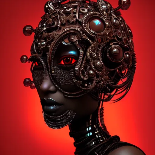 Image similar to portrait of an absurdly beautiful, graceful, sophisticated, fashionable black cyberpunk mechanoid gravure idol, hyperdetailed illustration by irakli nadar, matt wisniewski style, intricate linework, fashion photography, dark black porcelain skin, jellyfish headdress, brown eyes, unreal engine 5 highly rendered, red light, detailed and intricate environment