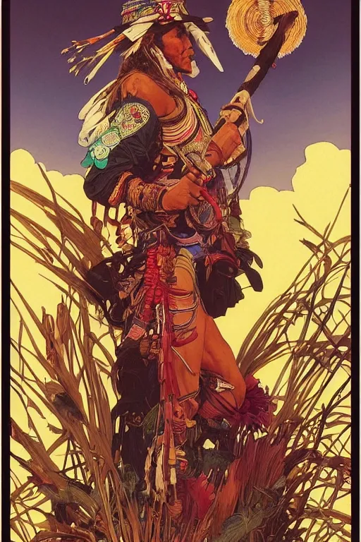 Image similar to serene scene of an apache medicine man telling stories around a fire, by artgerm and yoshitaka amano and moebius and alphonse mucha, hyperdetailed, dc comics, ornate, nebula, explosions in the sky, trending on artstation