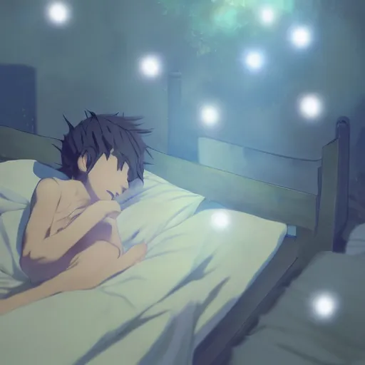 Image similar to several tiny fairies shown as balls of light clustered around the sleeping body of a young boy. By Makoto shinkai. WLOP. Masterpiece.