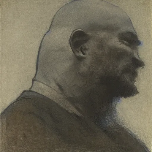 Prompt: turbulent, peaceful by frank weston benson, by abbott handerson thayer. a beautiful illustration of a giant head. the head is bald & has a big nose. the eyes are wide open & have a crazy look. the mouth is open & has sharp teeth. the neck is long & thin.