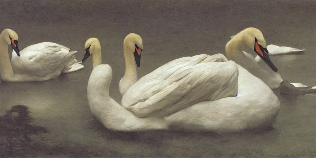 Prompt: lots of swans hiding a body. by william bouguereau, andrew wyeth and nicola samori. dark atmosphere. dark space