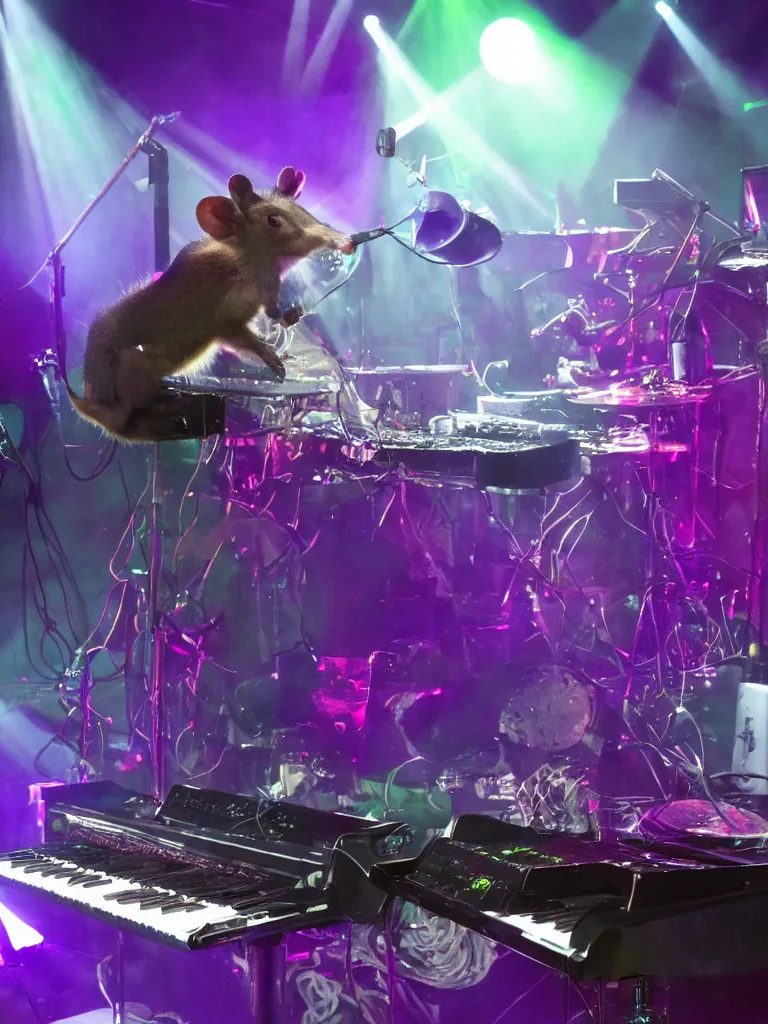 Prompt: Photorealistic opposum playing keyboards on stage with laser light show in the background