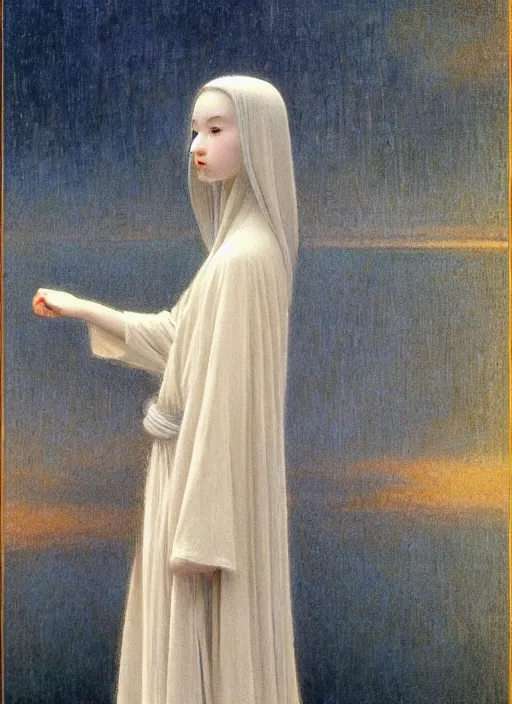 Image similar to thin young beautiful girl with silver hair, pale!, wearing robes, wearing hair, goddess, young cute wan asian face, silver robes!!, oil on canvas by jean delville, 4 k resolution, aesthetic!,