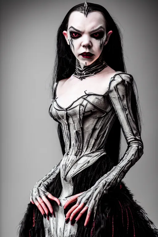 Image similar to dressed anya taylor - joy, a sinister demonic queen of cenobites, symmetrical, cinematic, elegant, demonic atmosphere, professional studio light, real dlsr photography, sharp focus, costume made by clive barker, real rotten flesh and blood, 4 k, ultra hd, sense of awe