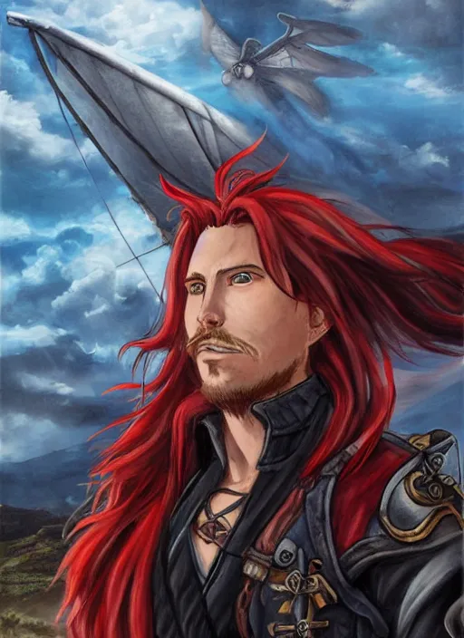 Image similar to epic fantasy portrait painting of a long haired, red headed male sky - pirate in front of an airship in the style of the full metal alchemist anime
